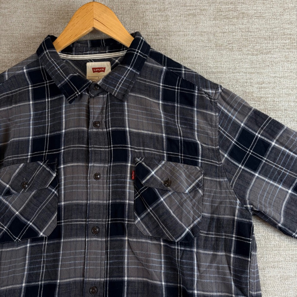 Levis Wabash Plaid Flannel Shirt Mens L Grey Black Multi Plaid Workwear Grunge